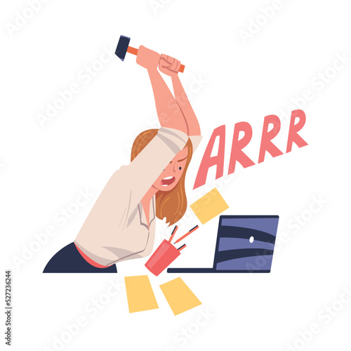 Furious Woman Office Employee with Fierce Face Crashing and Breaking Laptop with Hammer Vector Illustration