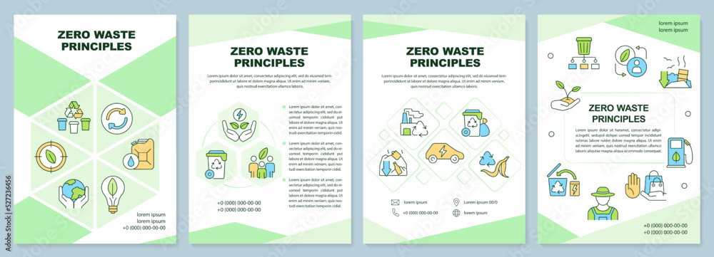 Zero waste principles green brochure template. Eco friendly. Leaflet design with linear icons. Editable 4 vector layouts for presentation, annual reports. Arial-Black, Myriad Pro-Regular fonts used