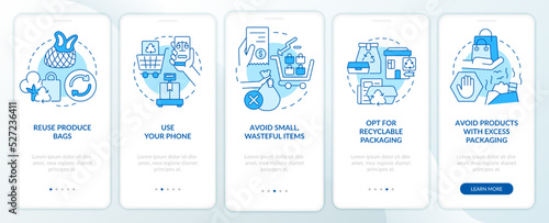Reduce waste while shopping blue onboarding mobile app screen. Walkthrough 5 steps editable graphic instructions with linear concepts. UI, UX, GUI template. Myriad Pro-Bold, Regular fonts used