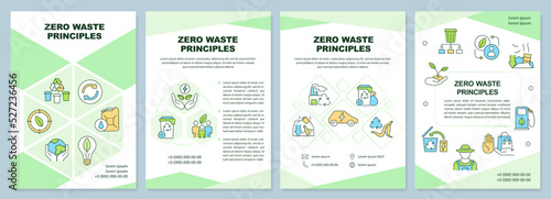 Zero waste principles green brochure template. Eco friendly. Leaflet design with linear icons. Editable 4 vector layouts for presentation, annual reports. Arial-Black, Myriad Pro-Regular fonts used