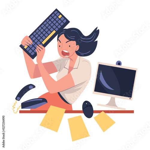 Furious Woman Office Employee with Fierce Face Beating Phone with Keyboard Vector Illustration