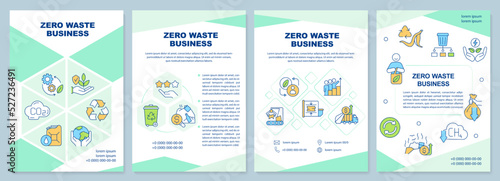 Zero waste business mint brochure template. Sustainability. Leaflet design with linear icons. Editable 4 vector layouts for presentation, annual reports. Arial-Black, Myriad Pro-Regular fonts used