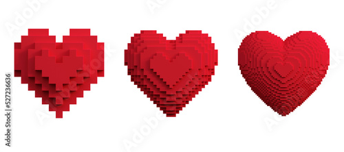 Set of pixel red hearts. Voxel love 3d render isolated on transparent background, png