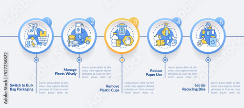 Becoming zero waste brand circle infographic template. Recycling bins. Data visualization with 5 steps. Editable timeline info chart. Workflow layout with line icons. Lato-Bold, Regular fonts used
