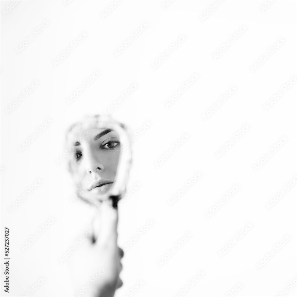 Beauty, fashion and makeup concept. Part of woman face reflecting