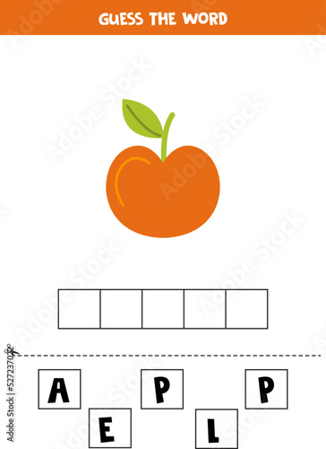Spelling game for preschool kids. Cartoon apple.