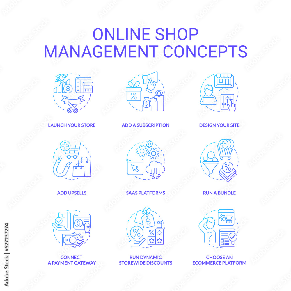 Online shop management blue gradient concept icons set. Online sales. Marketing techniques. Ecommerce idea thin line color illustrations. Isolated symbols. Roboto-Medium, Myriad Pro-Bold fonts used
