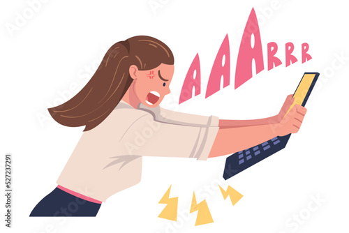 Furious Woman Office Employee with Fierce Face Crashing and Breaking Laptop Vector Illustration