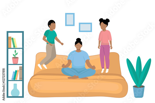 Indian family at home, mother sitting on sofa in lotus position, ignoring children jumping next to her, flat vector, faceless illustration