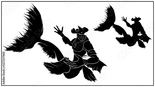Silhouette of a dark, water fantasy creature with sharp teeth in full growth without a background. Terrible, sea monster, Merman in armor with a fishtail, large fins and hands, 2d illustration.