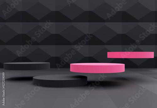 Elegant podium with abstract art objects. Stand to show products. Stage showcase with modern scene for presentation. Pedestal display with blackpink concept. 3D rendering. Studio platform template.