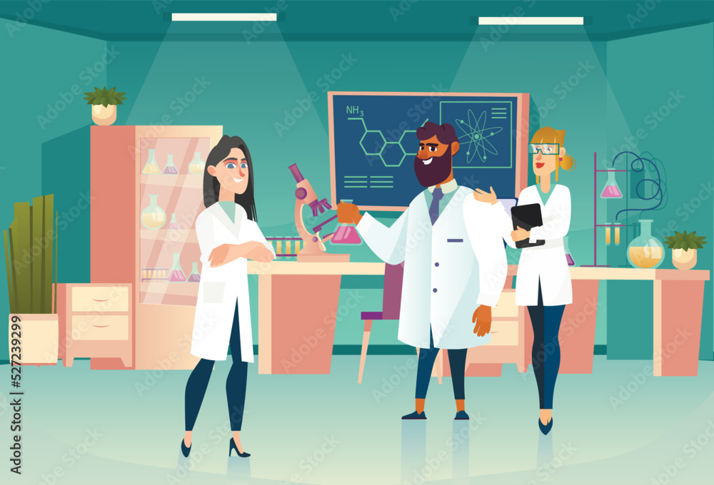 Science laboratory concept with people scene in the background cartoon style. Researchers conduct chemical experiments in a science laboratory. Vector illustration.