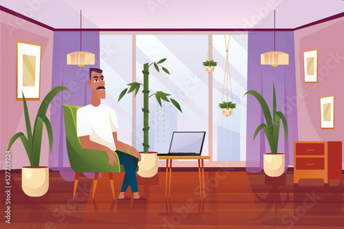 Work from home concept with people scene in the background cartoon design. Man works at a computer at home sitting in a chair. Vector illustration.