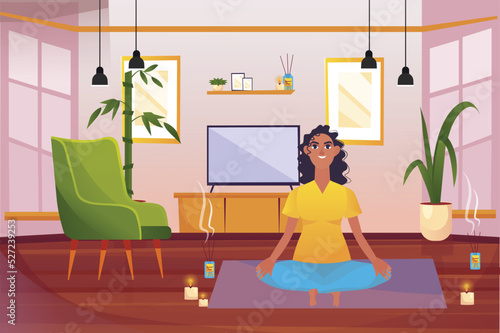 Yoga at home concept with people scene in the background cartoon style. Girl does yoga at home in a cozy atmosphere. Vector illustration.
