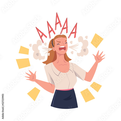 Furious Woman Office Employee with Fierce Face Steaming Shouting and Screaming Out Loud Vector Illustration