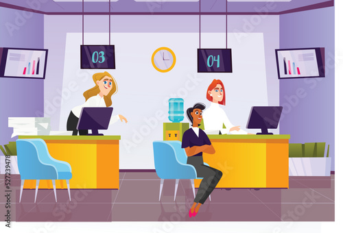 Bank office concept with people scene in the background cartoon design. Bank employees provide advice to the client regarding his money. Vector illustration.