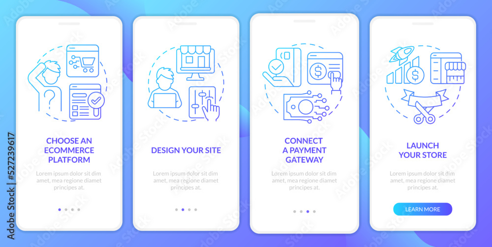 Starting online store blue gradient onboarding mobile app screen. Walkthrough 4 steps graphic instructions with linear concepts. UI, UX, GUI template. Myriad Pro-Bold, Regular fonts used Starting online store blue gradient onboarding mobile app screen. Walkthrough 4 steps graphic instructions with linear concepts. UI, UX, GUI template. Myriad Pro-Bold, Regular fonts used