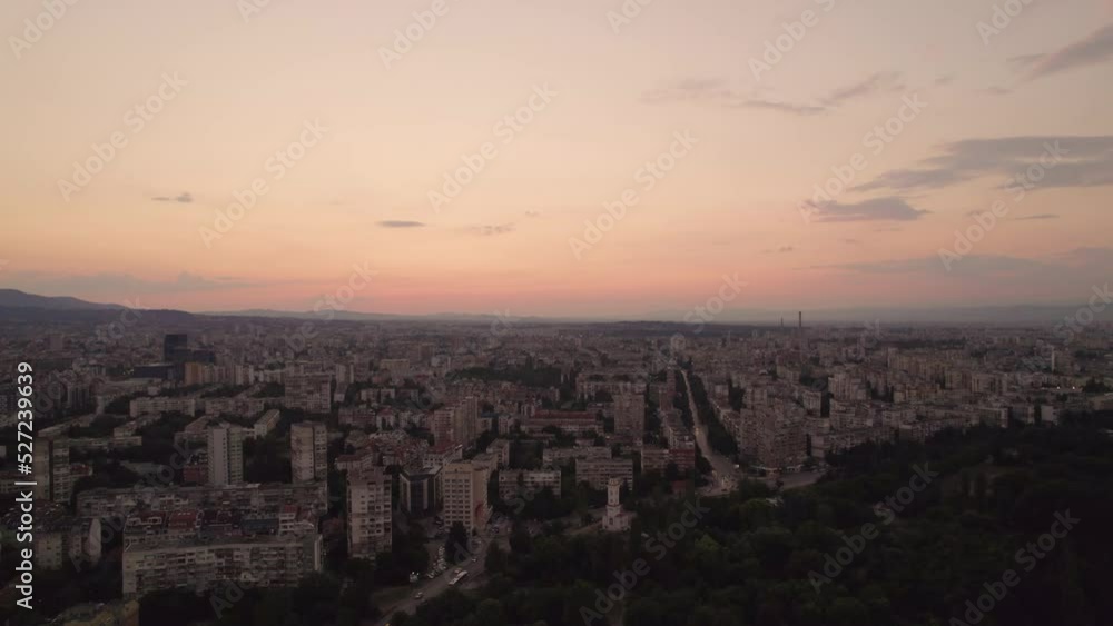 Aerial view of light pink sunset sky in Sofia, Bulgaria Aerial view of light pink sunset sky in Sofia, Bulgaria