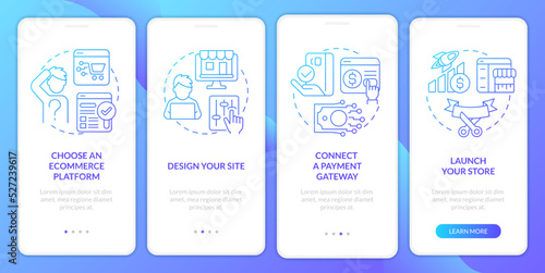 Starting online store blue gradient onboarding mobile app screen. Walkthrough 4 steps graphic instructions with linear concepts. UI, UX, GUI template. Myriad Pro-Bold, Regular fonts used