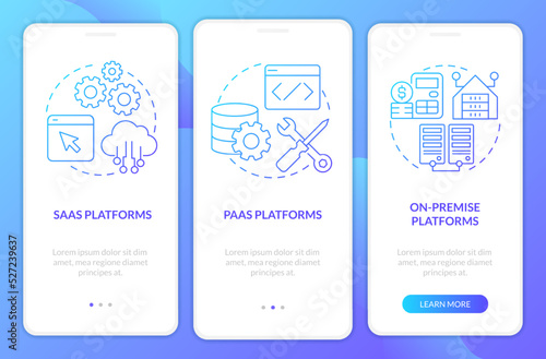 Types of ecommerce platforms blue gradient onboarding mobile app screen. Walkthrough 3 steps graphic instructions with linear concepts. UI, UX, GUI template. Myriad Pro-Bold, Regular fonts used