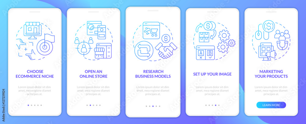 Starting ecommerce business steps blue gradient onboarding mobile app screen. Walkthrough 5 steps graphic instructions with linear concepts. UI, UX, GUI template. Myriad Pro-Bold, Regular fonts used Starting ecommerce business steps blue gradient onboarding mobile app screen. Walkthrough 5 steps graphic instructions with linear concepts. UI, UX, GUI template. Myriad Pro-Bold, Regular fonts used