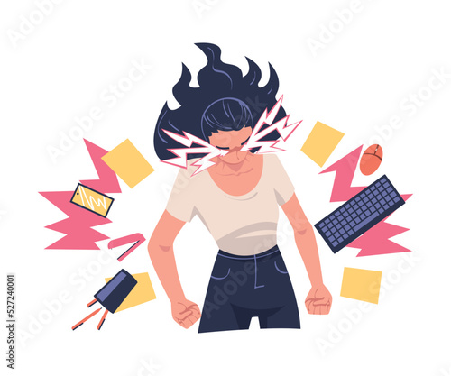 Furious Woman Office Employee with Fierce Face and Clenched Fists Crashing and Breaking Everything Around Vector Illustration