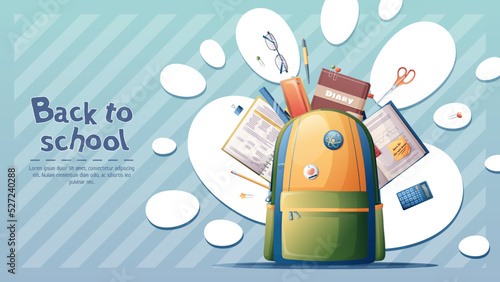 Banner template with a school backpack and scattered textbooks, stationery, etc. on a blue background. Back to school, knowledge day, study. Vector illustration. Poster, banner, background