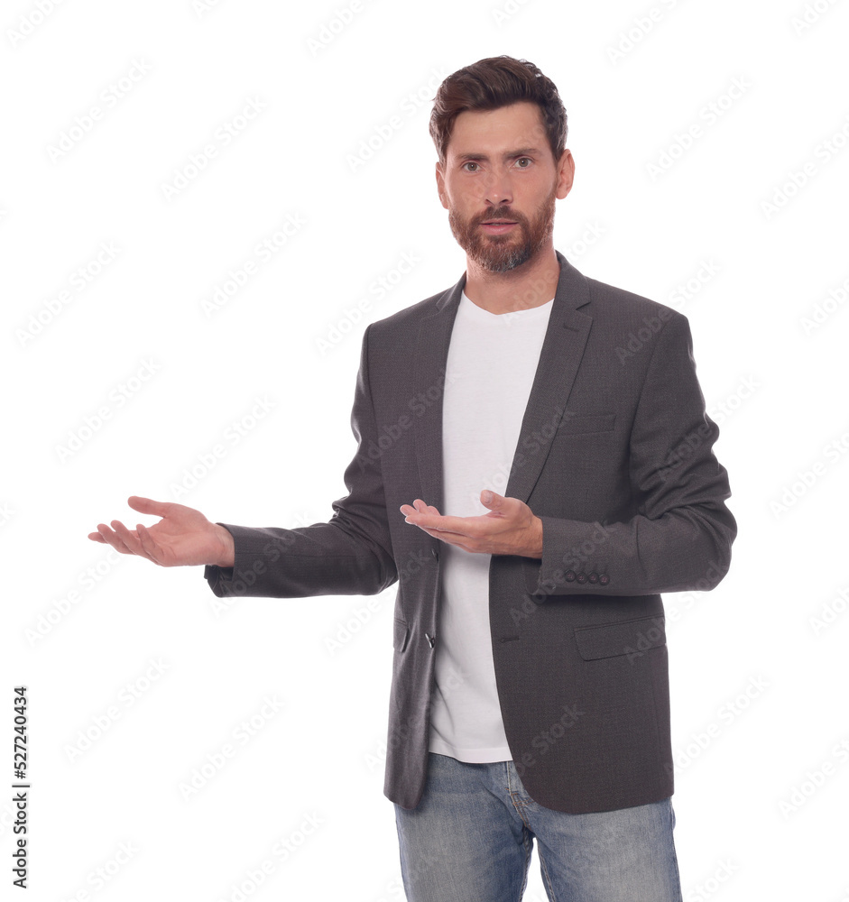 Handsome man gesturing on white background. Weather forecast reporter Handsome man gesturing on white background. Weather forecast reporter