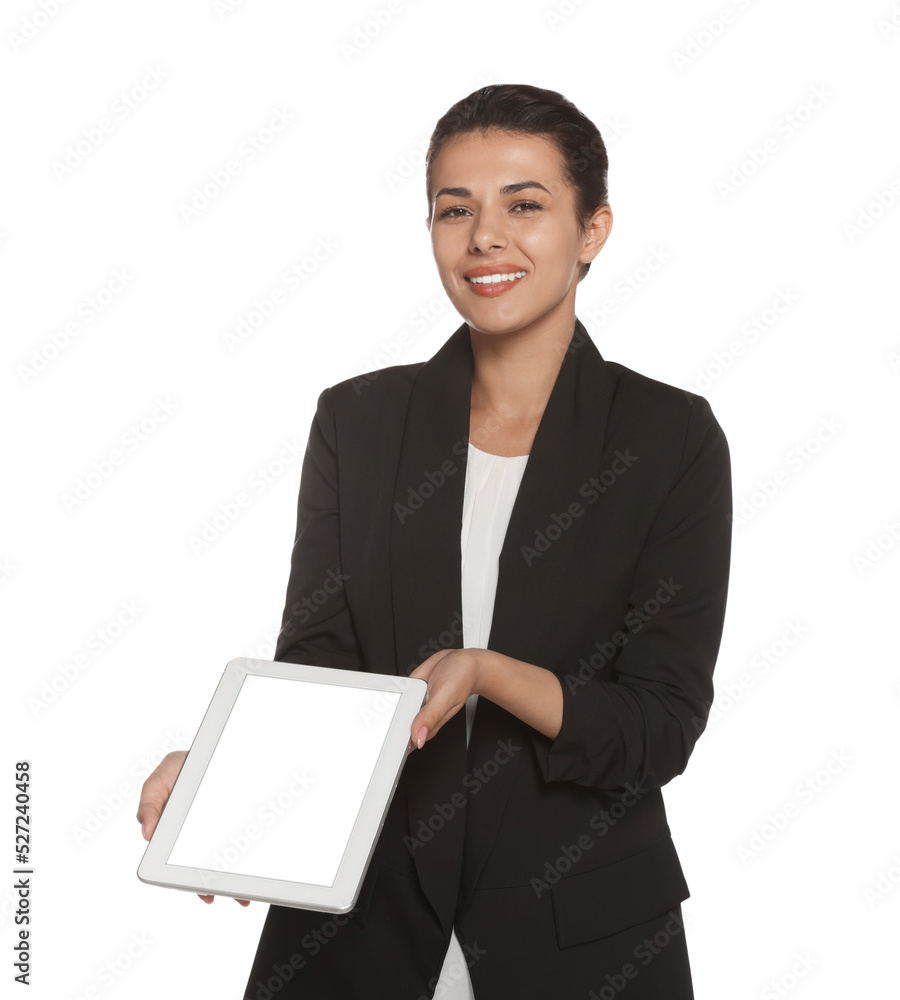 Hostess in uniform with tablet on white background Hostess in uniform with tablet on white background