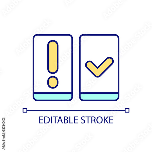 Smartphones performance RGB color icon. Testing software and website. Checkmark and exclamation. Isolated vector illustration. Simple filled line drawing. Editable stroke. Arial font used