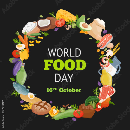 World Food Day. Different fresh food on greeting card on black background. Vector illustration for a postcard or flyer for a holiday