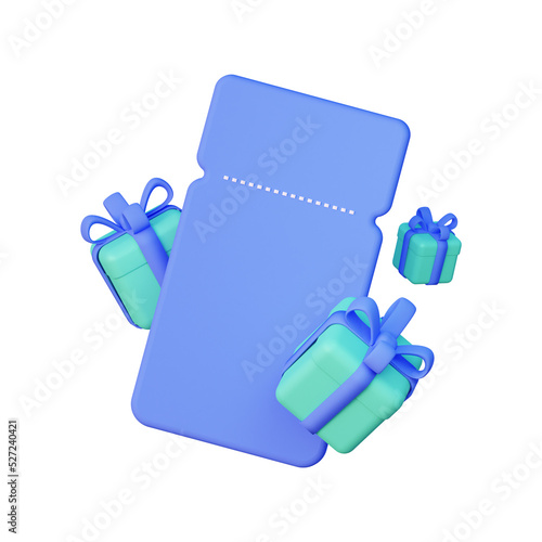 3D coupon with flying emerald gifts and a blue bow. illustration of 3d rendering. Isolated on a white background. Promo codes and coupons. Profitable shopping