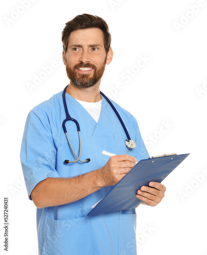 Happy doctor with stethoscope and clipboard on white background