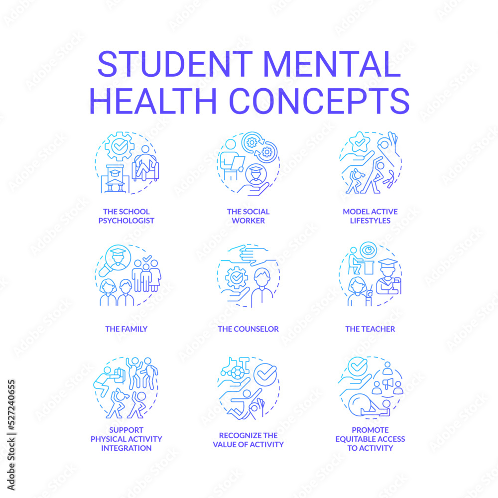 Fototapeta premium Student mental health blue gradient concept icons set. Physical activity and nutrition idea thin line color illustrations. Counseling. Isolated symbols. Roboto-Medium, Myriad Pro-Bold fonts used