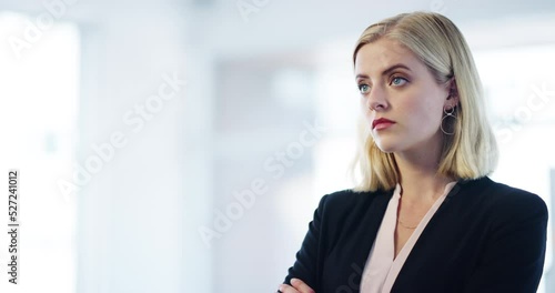 Arrogant, posh or snob business woman with work problems in a corporate office. Female entrepreneur leader pondering over a idea or decision for a company startup project in a professional workplace photo