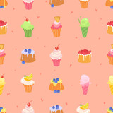 Cute pattern with cakes, cupcakes, ice cream and cocktails in pastel colors. Design for culinary theme
