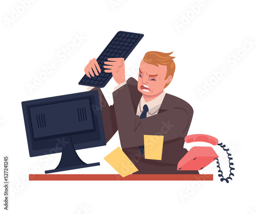 Furious Man Office Employee with Fierce Face Crashing and Breaking Computer with Keyboard Vector Illustration