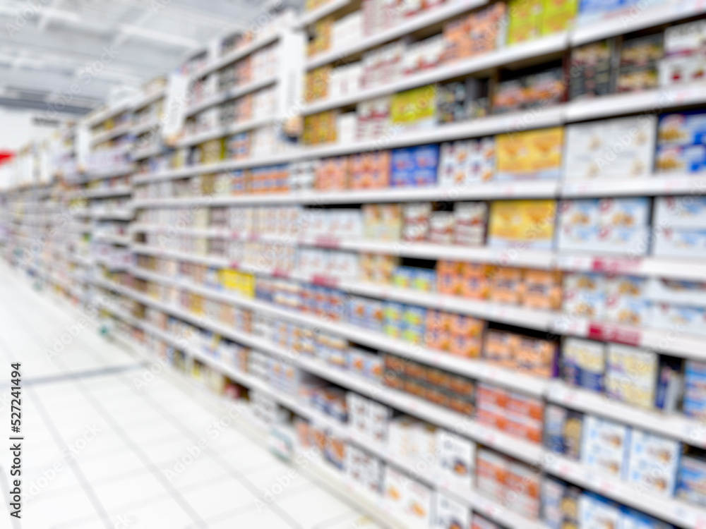 Abstract blurred supermarket aisles for background. - stock photo