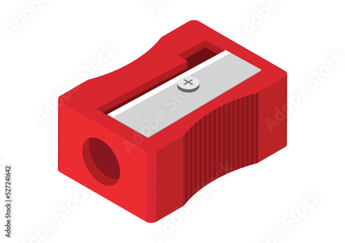 Red pencil sharpener isometric style vector design illustration isolated on white background. Realistic sharpener close-up. Pencil sharpener clipart
