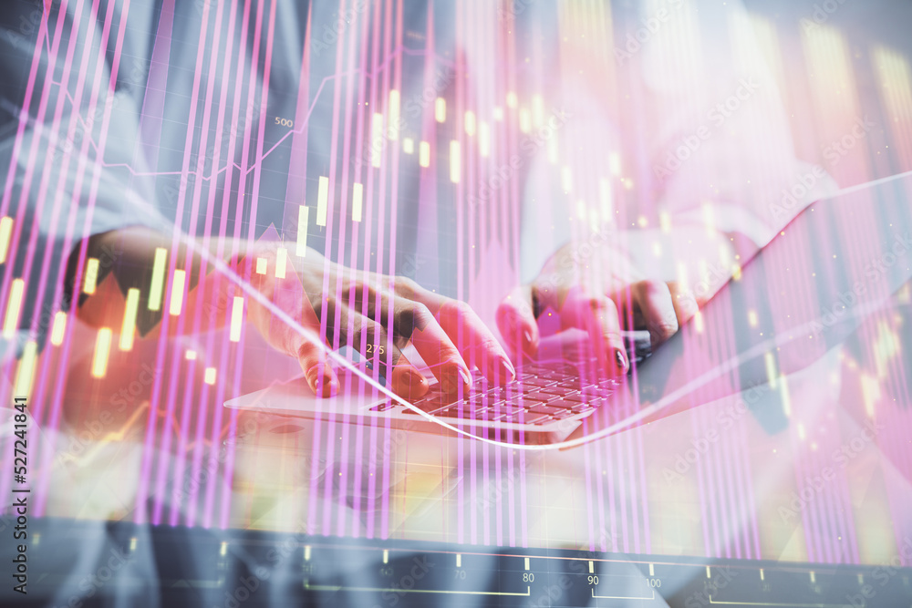 Double exposure of woman hands typing on computer and forex chart hologram drawing. Stock market invest concept. Double exposure of woman hands typing on computer and forex chart hologram drawing. Stock market invest concept.