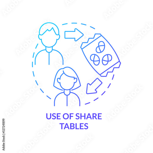 Use of share tables blue gradient concept icon. School lunch program importance abstract idea thin line illustration. Reduce food waste. Isolated outline drawing. Myriad Pro-Bold font used