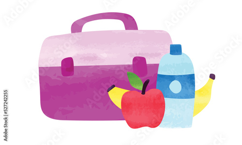 School lunch box watercolor drawing vector illustration isolated on white background. Watercolor lunch box with banana, apple and water bottle. Cute lunch box clipart artistic