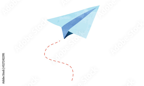 Blue paper plane watercolor drawing vector illustration isolated on white background. Handmade folded paper airplane clipart. Cute watercolor hand draw paper plane illustration, artistic drawing