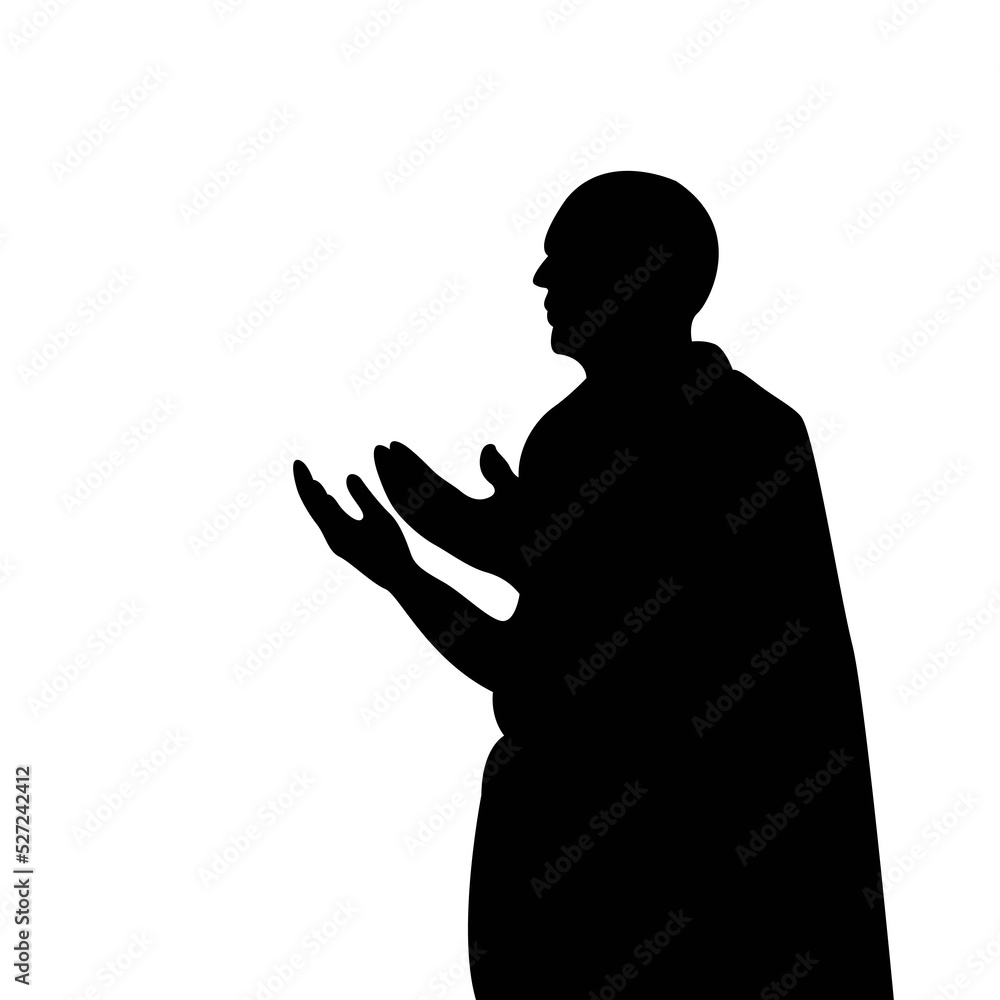Muslim pilgrim who are praying at Arafah wearing Ihram clothes vector silhouette - Muslims praying with raised hands - The day of arafah - Isolated on white background.