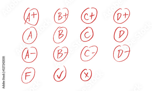 Realistic grade results set hand drawn vector illustration isolated on white background. Assessment results. Hand drawn school or college exam results. Class grades with red circles. School, education