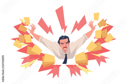 Furious Man Office Employee with Fierce Face Throwing Paper Document Vector Illustration