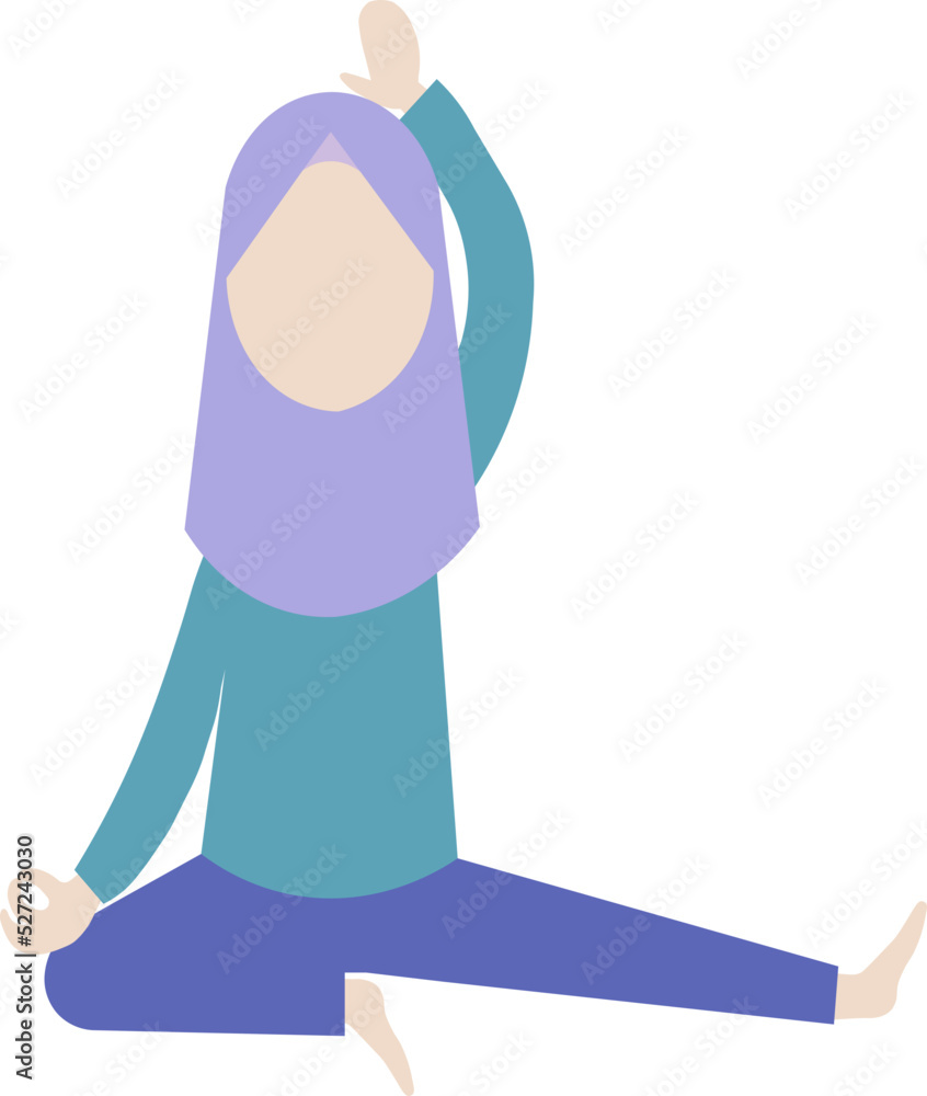 Hijab girl meditating yoga pose. Meditation practice. Graphic design elements for spa center, fitness or yoga studio Yoga. Vector illustration. Concept of zen and harmony. Colored flat vector.
