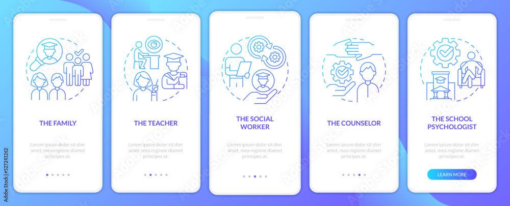 Responsibility for student mental health gradient onboarding mobile app screen. Walkthrough 5 steps graphic instructions with linear concepts. UI, UX, GUI template. Myriad Pro-Bold, Regular fonts used