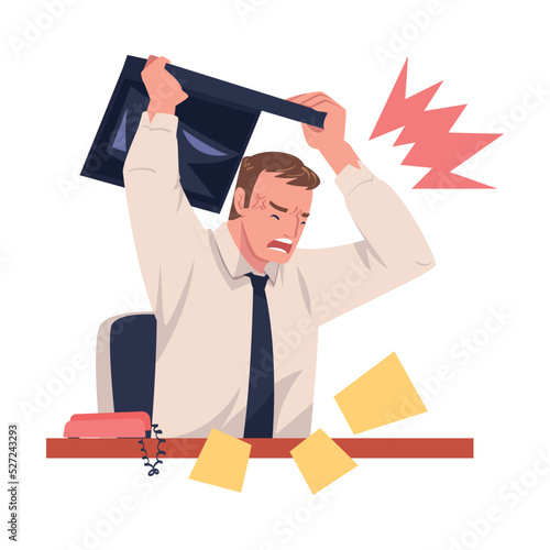 Furious Man Office Employee with Fierce Face Beating His Laptop Against His Table Vector Illustration