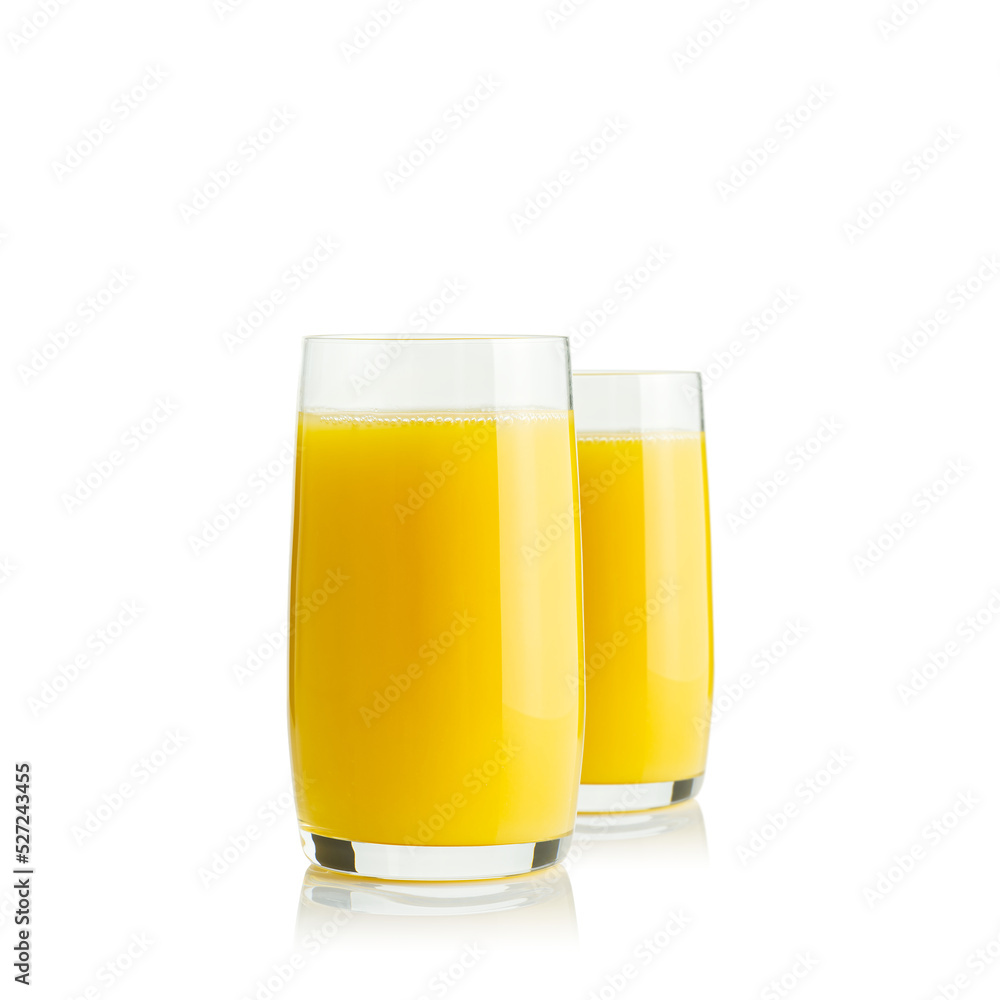 Organic Orange juice glass, isolated on white. Glass of fresh orange juice on white background Organic Orange juice glass, isolated on white. Glass of fresh orange juice on white background